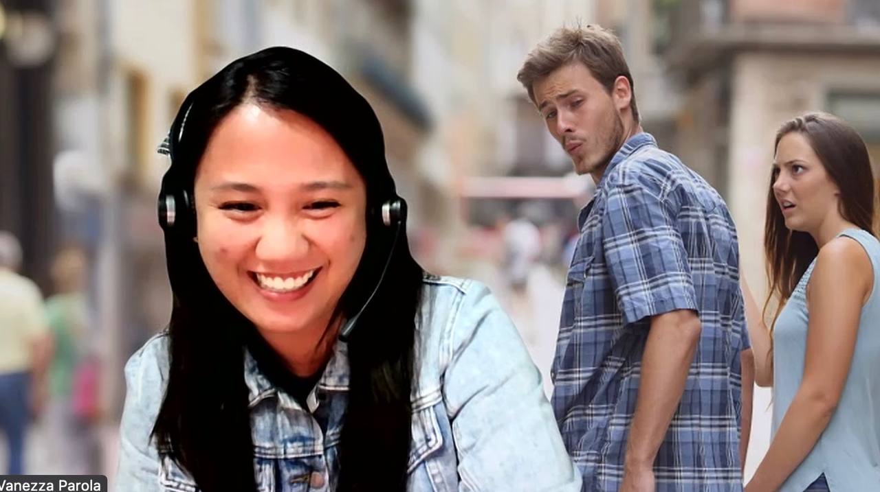 Bam using the Distracted Boyfriend meme as a Zoom background