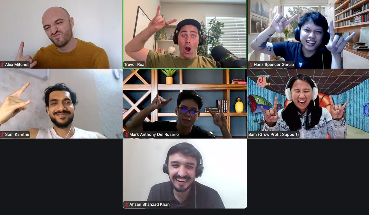 Team Zoom call with Bam using a SpongeBob pineapple background